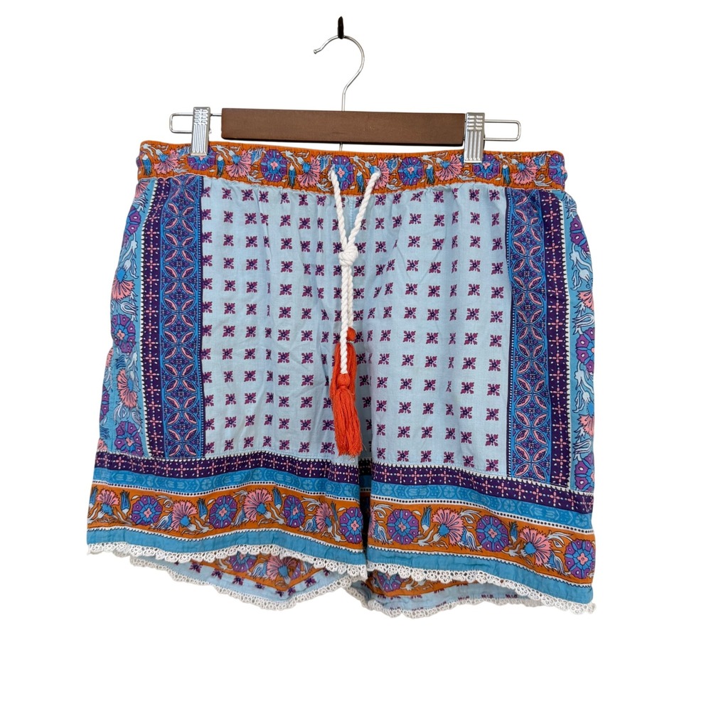 Sundance Shorts Size M Blue Boho Floral Cotton Lace Trim Tassel Drawstring
